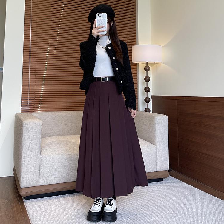 Женская осенне-зимняя плиссированная юбка миди с завышенной талией и поясом - Элегантная юбка-свинг