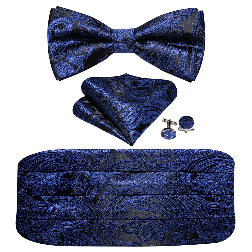 Barry.Wang Mens Cummerbund Belt and Bowtie Set Silk Pre Bow Tie Hanky Cufflink Set