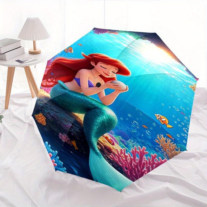 Mermaid,Underwater Automatic Folding Umbrella Simple 8 Rib Design, Bright Cartoon Pattern, Durable Iron Frame, Suitable For Travel, Outdoo