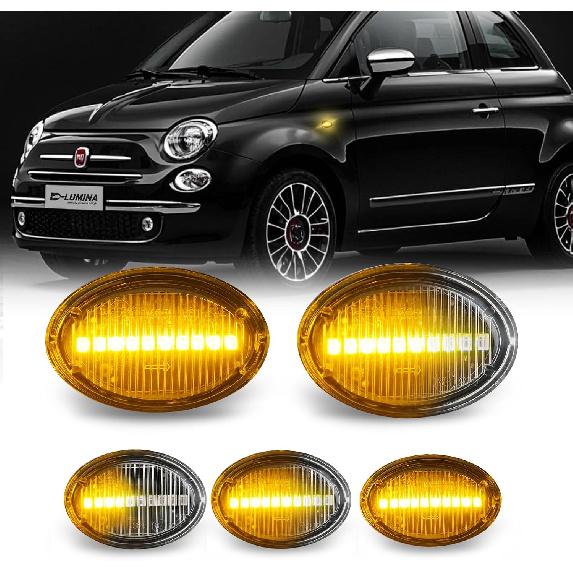 LED Side Marker Lights Smoked Lens for 2007-2019 Fiat 500 500c 500e Abarth | Sequential Amber, Turn Signal Lamp Assembly, Front Fender Side Marker,