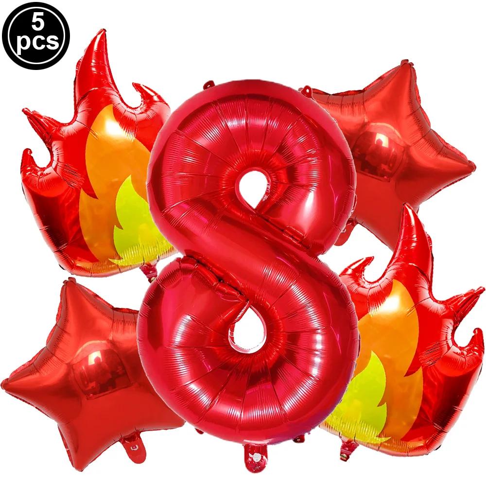 Набор из 5 красных фольгированных шаров с цифрами Огонь Пожарная машина Пламя Огонь Тема Пожарный для Мальчика Украшения на День Рождения Принадлежности для Вечеринки