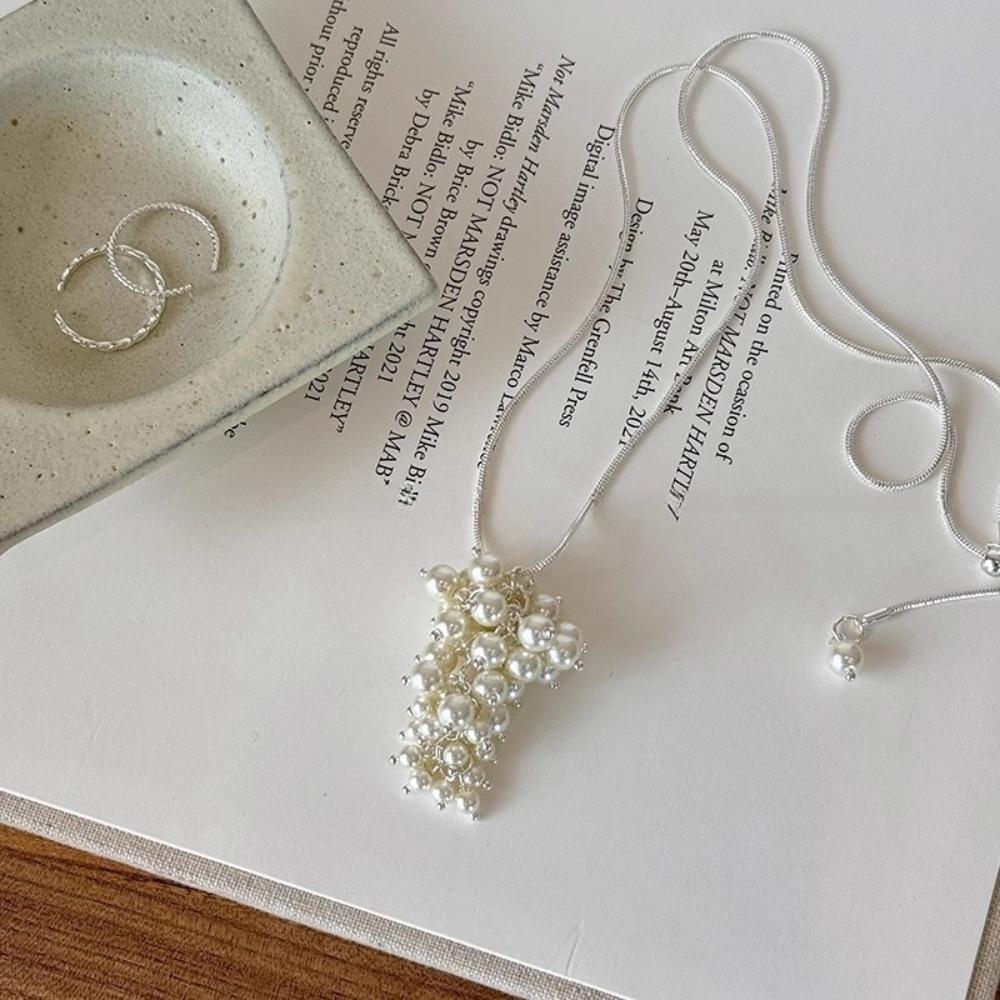 Silver Grapes Pendant Necklace Jewelry Pearl Grape Sweater Chain Grape Cluster Necklace Summer