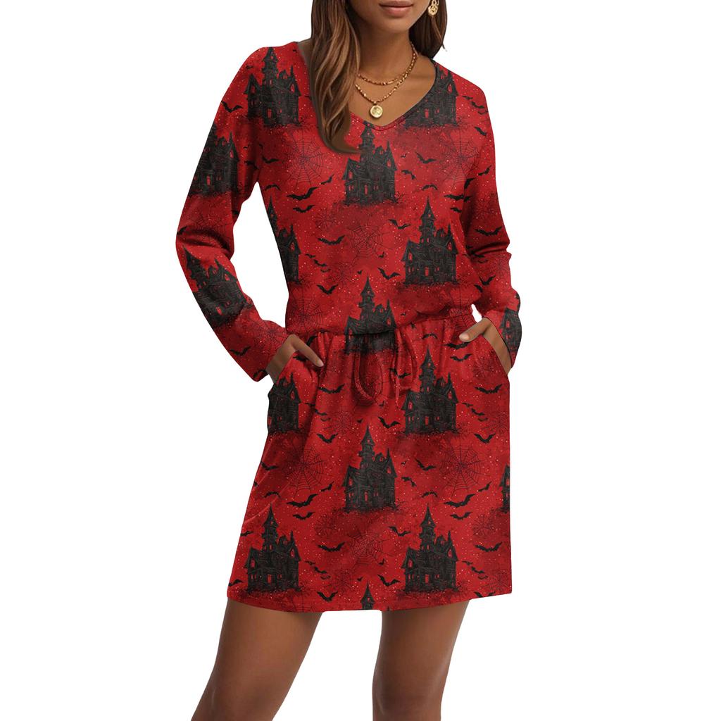 Women's Fashionable V-neck Long Sleeved Drawstring With Pocket Halloween Printed Casual Dress