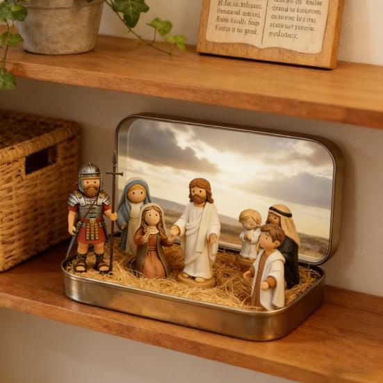 Little Jesus in Tin Box Miniature Jesus Crucifixion Resurrection Scene Ornament Pocket Jesus Figure Set Religious Home Office Desktop Decoration