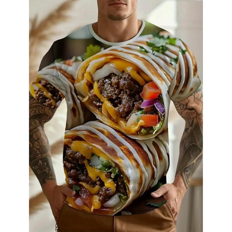 Men's 3D Printed Food Graphic T-Shirts Burgers Fries & Pizza Artistic Design T-shirts Summer Round Neck Short Sleeve Tops