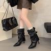 Retro Thick Heel Medium Boots Women's 2025 New Autumn Versatile Pointed Western Cowboy Boots Belt Buckle Trouser Boots