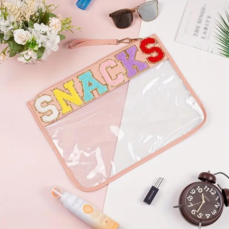 Transparent PVC Zipper Snack Bag with Embroidered Letters - Portable PU Waterproof Makeup and Toiletry Handbag