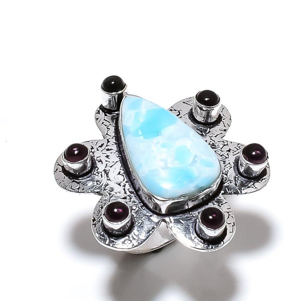 Подарочное кольцо из серебра 925 пробы с натуральным ларимаром и аметистом, размер 7 h0Q21