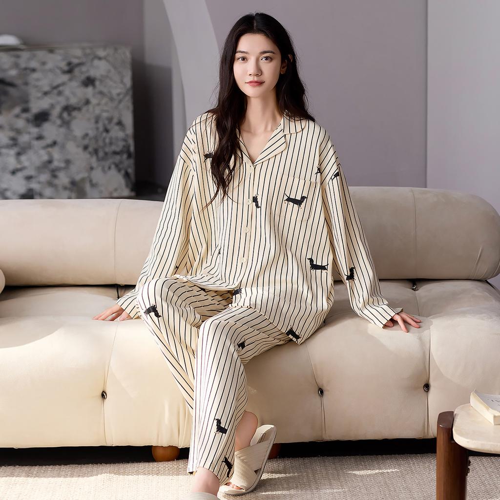 Couple Pajamas Men'S And Women'S Spring And Autumn Autumn Pure Cotton Striped Long Sleeves Can Be Worn Outside Loungewear Suit