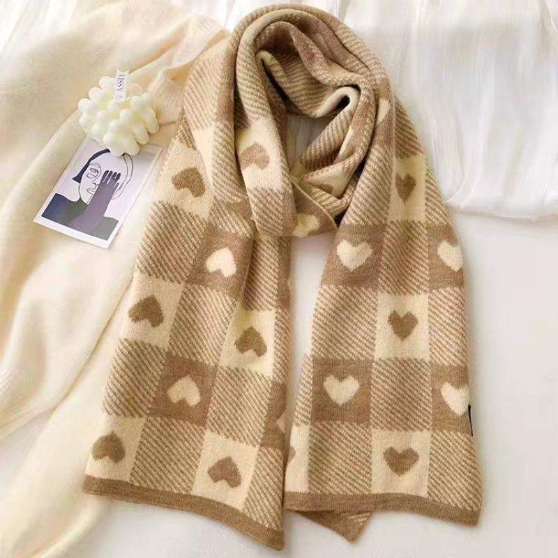 Heart-shaped Scarf Women's Autumn and Winter Solid Color Knitted Warm Wool Scarf Student Sweet and Cute Couple Love Plaid