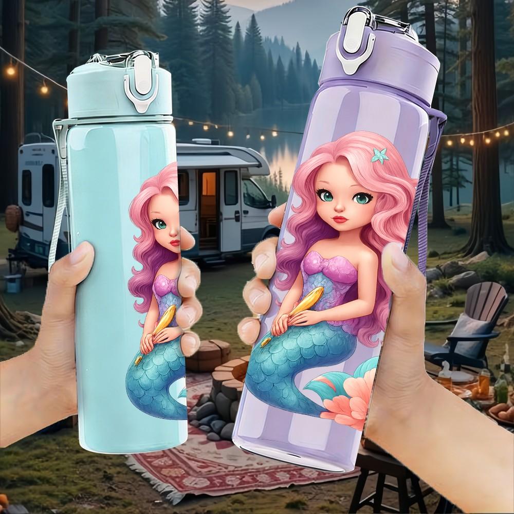 1PC Ocean Mermaid Cartoon Art 750ml Color Plastic Sports Water Bottle Leakproof Flip Straw Lid Suitable for Sports Office Home Use