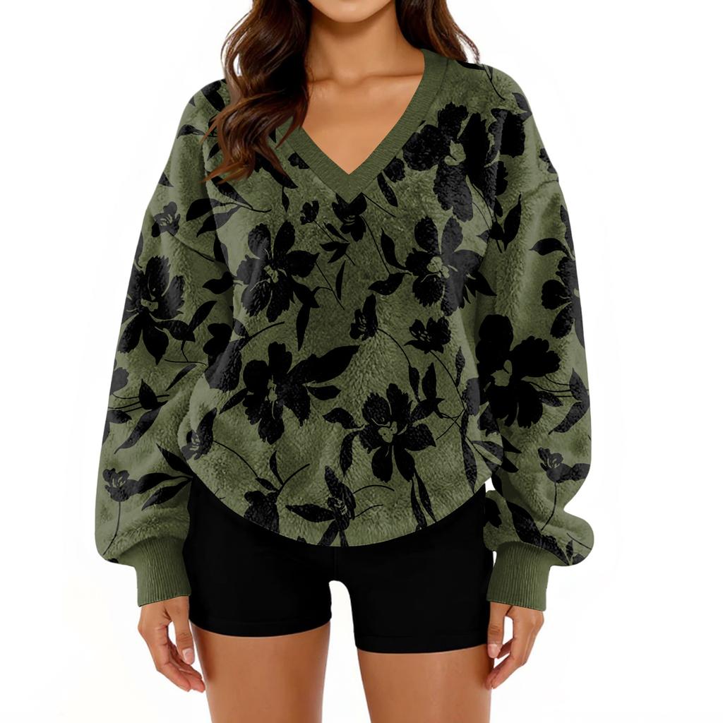 Women's V-Neck Sweatshirt Plush Solid Color Casual Fashion Long Sleeve With Pocketed Pullover Top