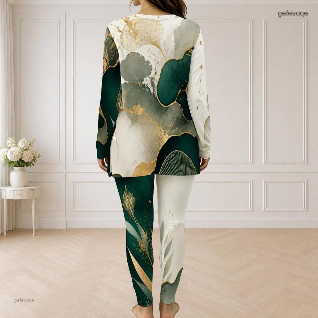 Women Plus Size Half Zip Long Sleeve Marble Print Long Top And Fitted Pants Two Piece Set