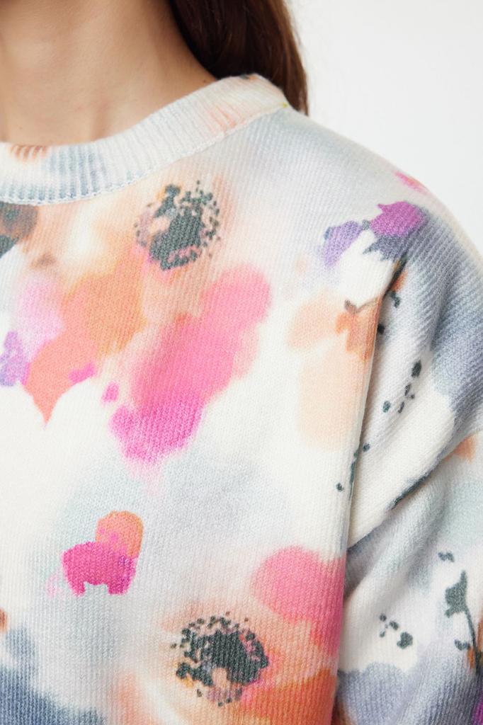 Women's Elegance Style Sweater Ecru Soft Textured Floral Printed Knitwear Sweater