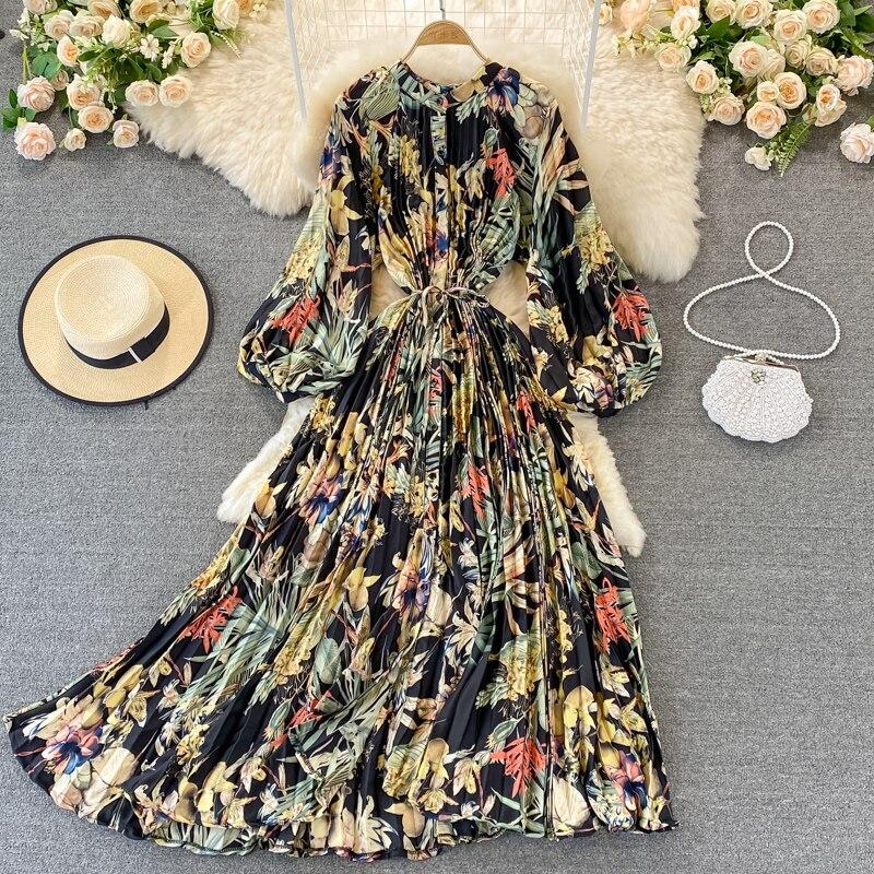 RUGOD 2024 весеннее свободное тонкое атласное однобортное плиссированное платье с круглым вырезом и длинными рукавами, элегантное легкое экстравагантное длинное платье