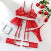 Women Floral Embroidered Metal Chain Sexy Lingerie Set with Leg Ring Lace Underwear Cut Bra & Brief Sets Garter Intimates