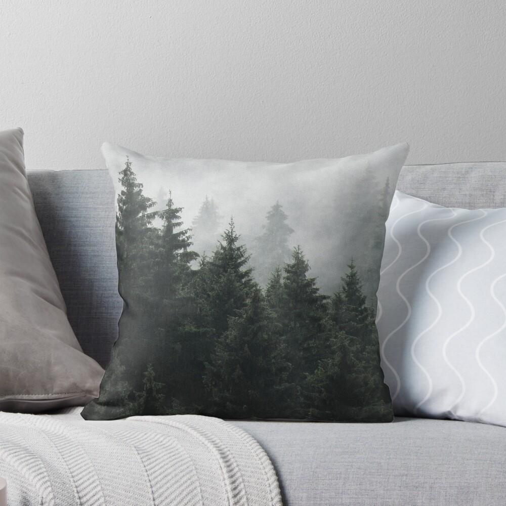 Waiting For // Misty Foggy Fairytale Forest With Cascadia Trees Covered In Magic Fog Throw Cushions & Pillows Without core