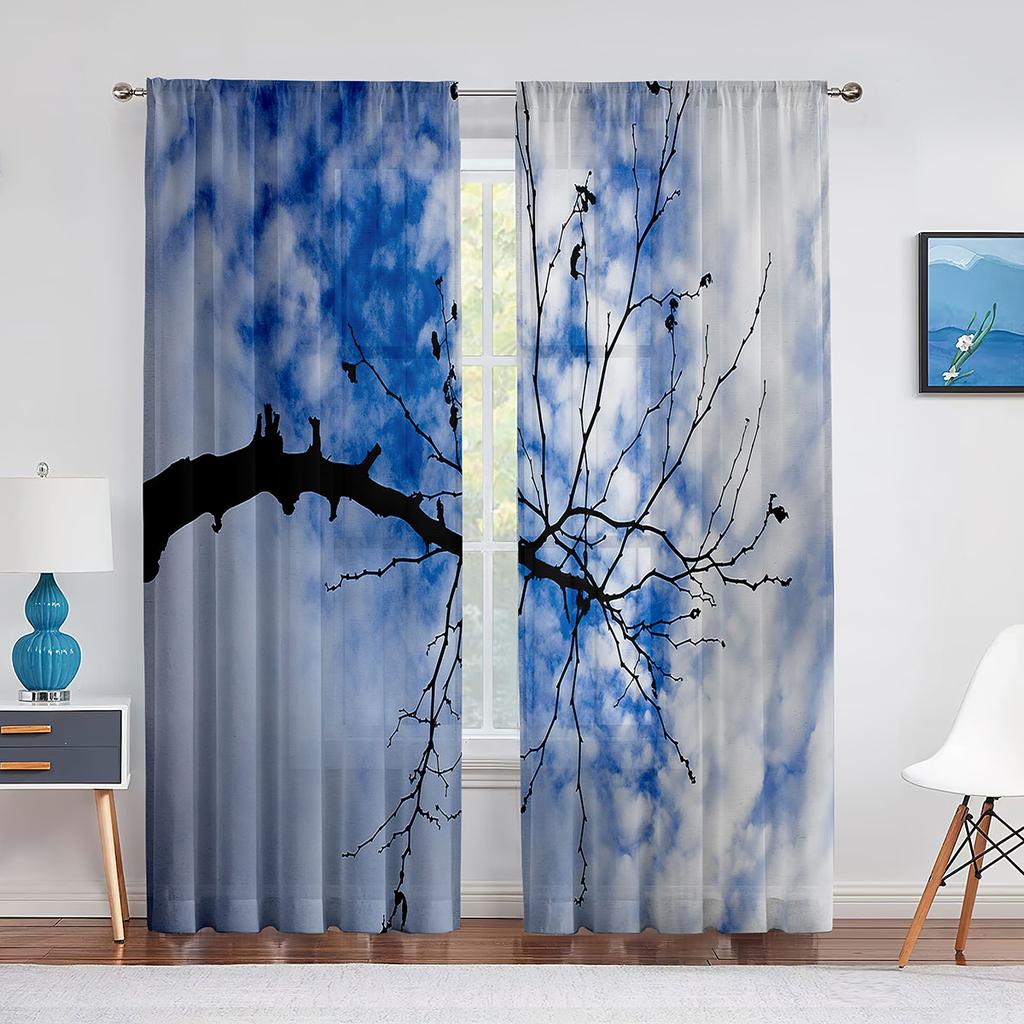 Серые тюлевые вуали с принтом ветвей деревьев для спальни, оконные занавески для гостиной, прозрачные шторы, жалюзи, шторы из органзы