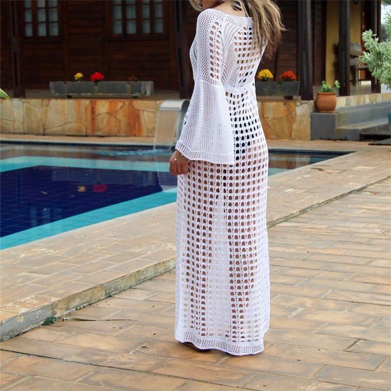 Сексуальное ажурное однотонное белое пляжное платье-туника женское летнее пляжное платье с расклешенной юбкой