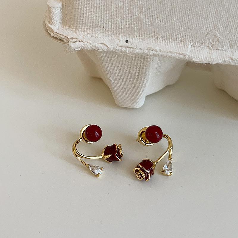 Ankola Red Rose Flower Pearl Zircon Stud Earrings Women Wear Niche Personality Fashion Versatile Earrings