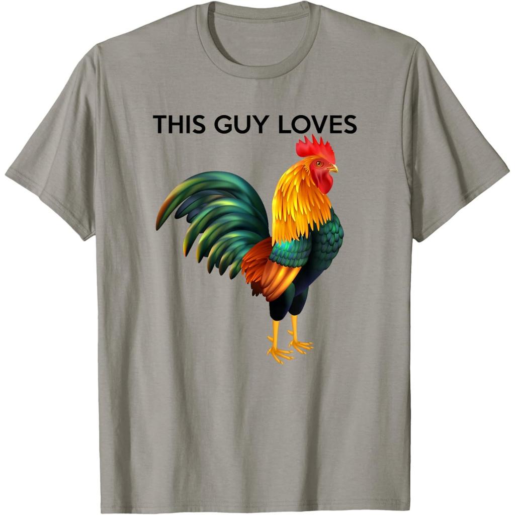 Funny Rooster Graphic Tee This Guy Loves Chicken Print Casual Cotton T-Shirt