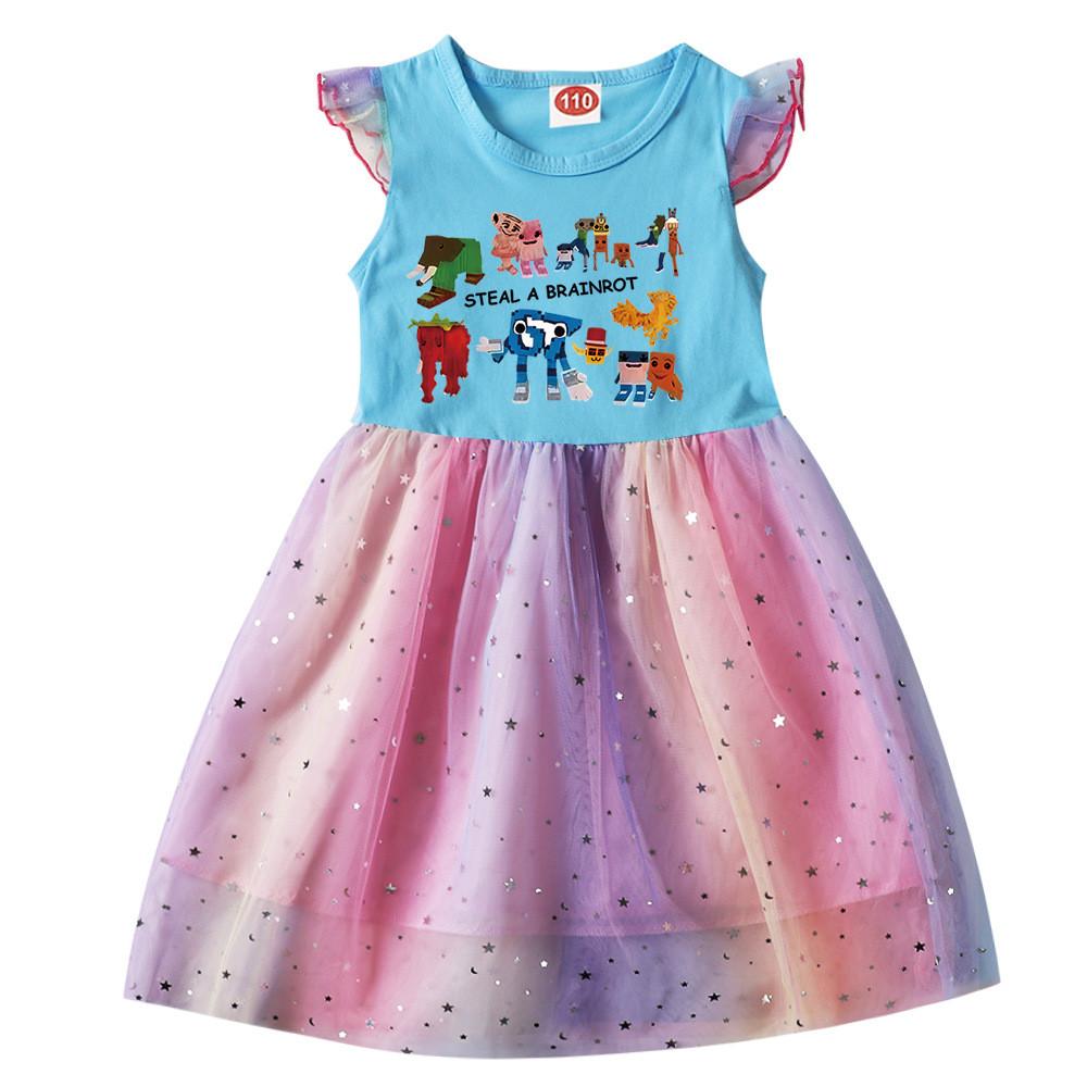 9191 Детское Платье для Девочек Steal a Brainrot 67 Шесть Семь Принт Волан Короткий Рукав Пайетки Повседневное Радужное Платье