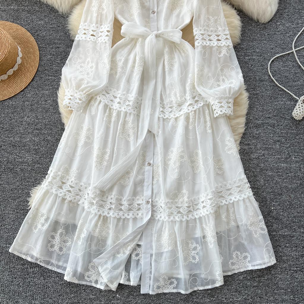 Весна Осень Женские Вышитые Цветочные Кружева Однобортные Платья Рубашки Для Вечеринок