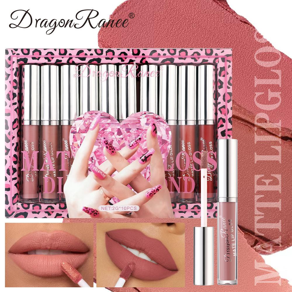 Матовый бархатный блеск для губ, набор, не легко окунуть в чашку, матовый блеск для губ, подарочная коробка, розовая леопардовая помада, набор из 10 блесков для губ, коробка