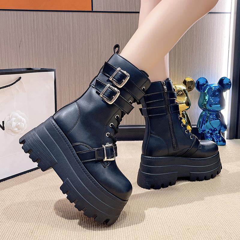 Fashion 9CM Chunky Platform Ankle Boots Women 2025 New Autumn Winter Motorcycle Boots Woman Thick Bottom Non Slip Leather Combat Boots