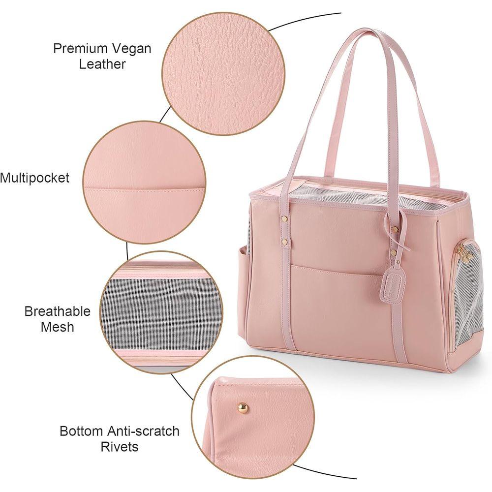 FurStarFashion Dog Carrier Purse, Premium Leather Cat Carrier Bag, Airline Approved Soft Sided Pet Travel Tote Bag With Pockets