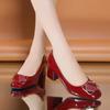 2025Medium Thick Heel Soft Leather  Single Shoes Shallow Mouth Square Head Women's Pumps Metal Square Buckl Heeled Mom Shoes