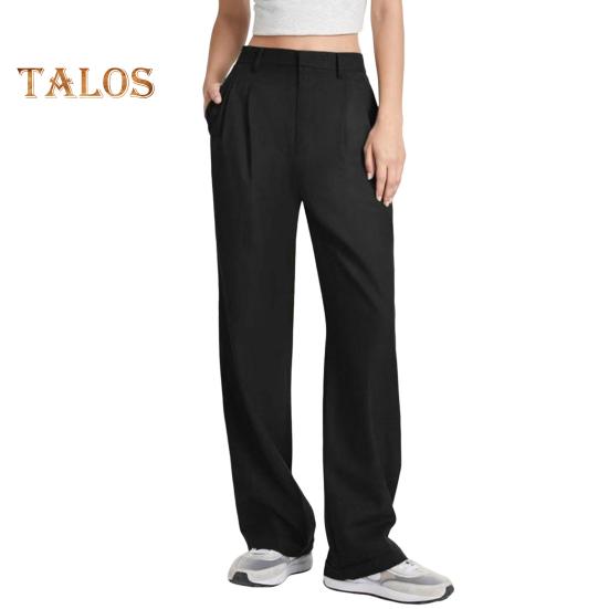 Женские брюки с застежкой-молнией на пуговицы, однотонные брюки с карманами, прямые широкие брюки для офиса и леди, рабочая одежда