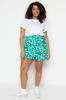 Women's Fashion New Plus Big Size Shorts & Bermuda Green Floral Patterned Woven Tie-Up Shorts Skirt