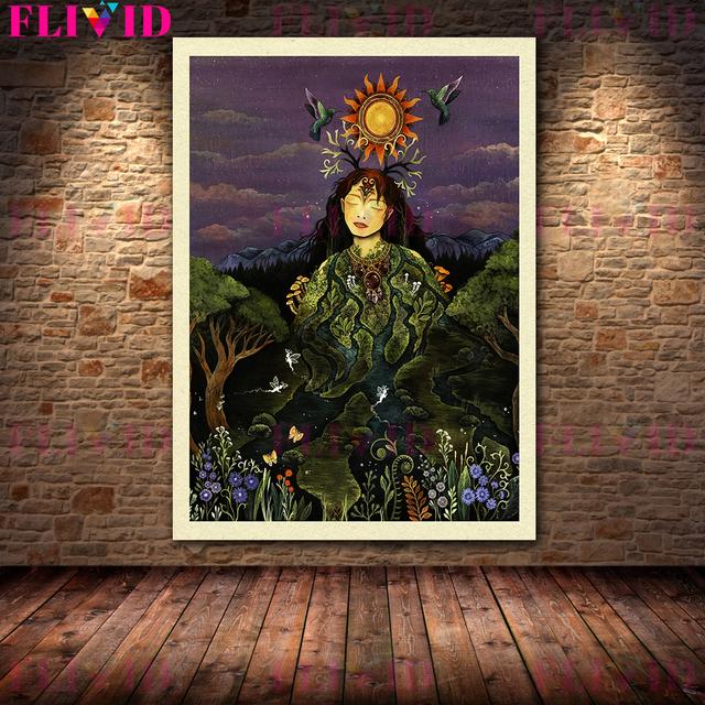 Лесная хранительница ведьма и богиня природы Ретро Фреска Картина маслом Шаман Плакат декоративно-прикладного искусства