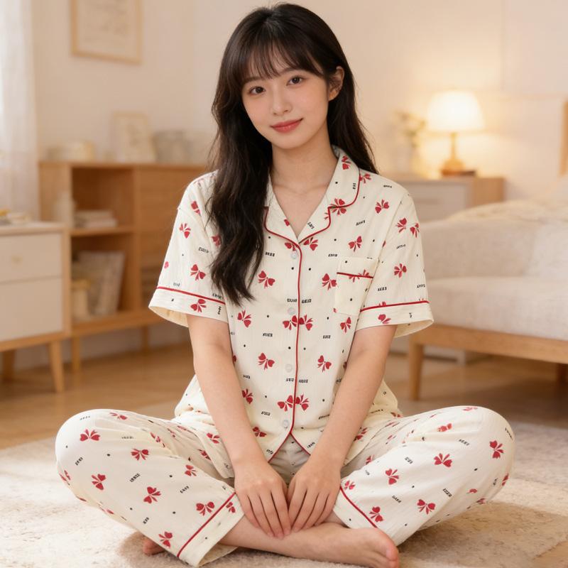 Sweet bow polka dot striped lapel cardigan wrinkled pajamas women's spring loungewear set