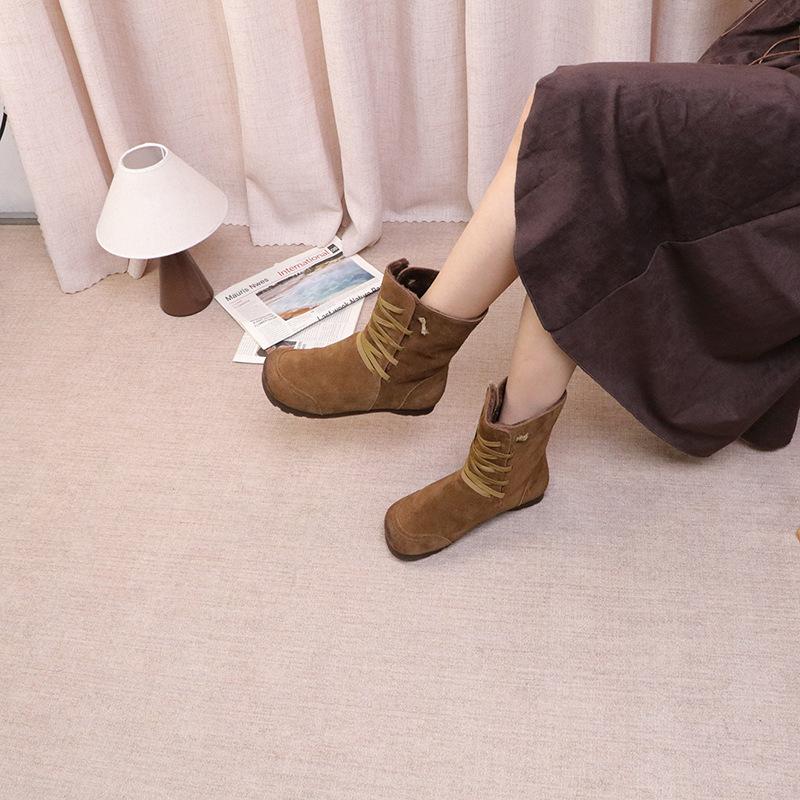 Johnature Плюшевая коровья замша Плюшевые женские полусапоги Ретро шнуровка Теплые на плоской подошве Зимние сапоги