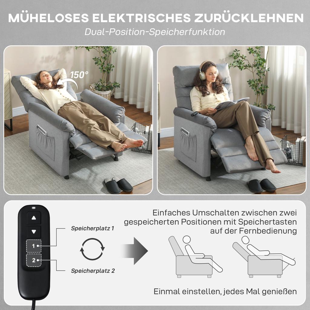 Recliner Chair, TV Armchair with Reclining Function, Lumbar Heating, 2 Remote Controls, USB Port, Quiet Motor, Grey