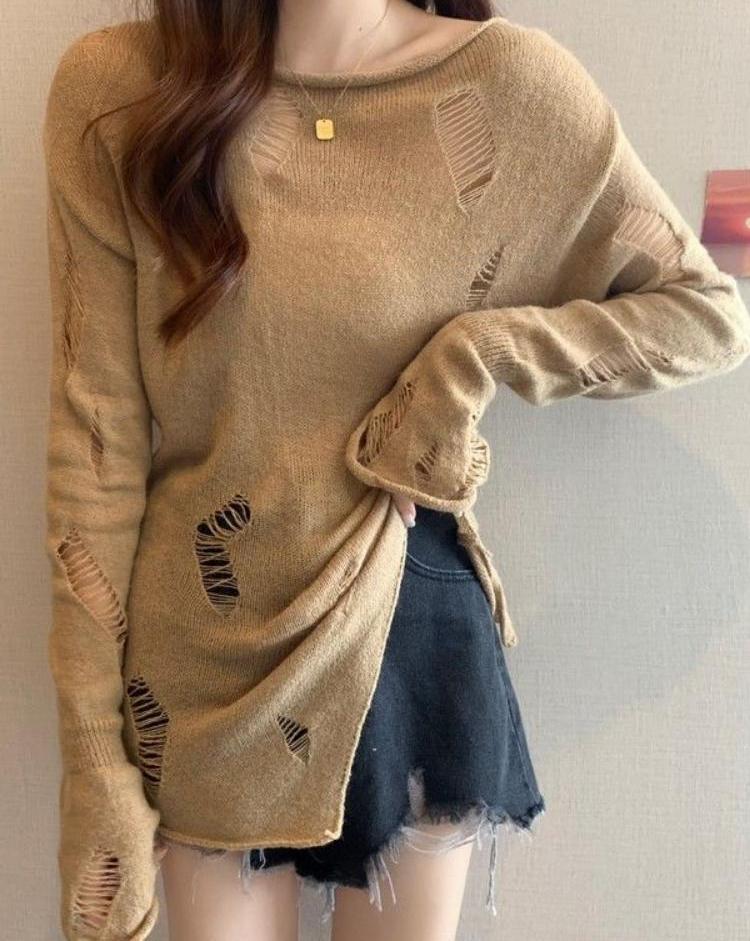 Kpop Grunge ажурный серый свитер женский Harajuku однотонный разделенный рваный вязаный джемпер весенние топы с длинными рукавами пуловер