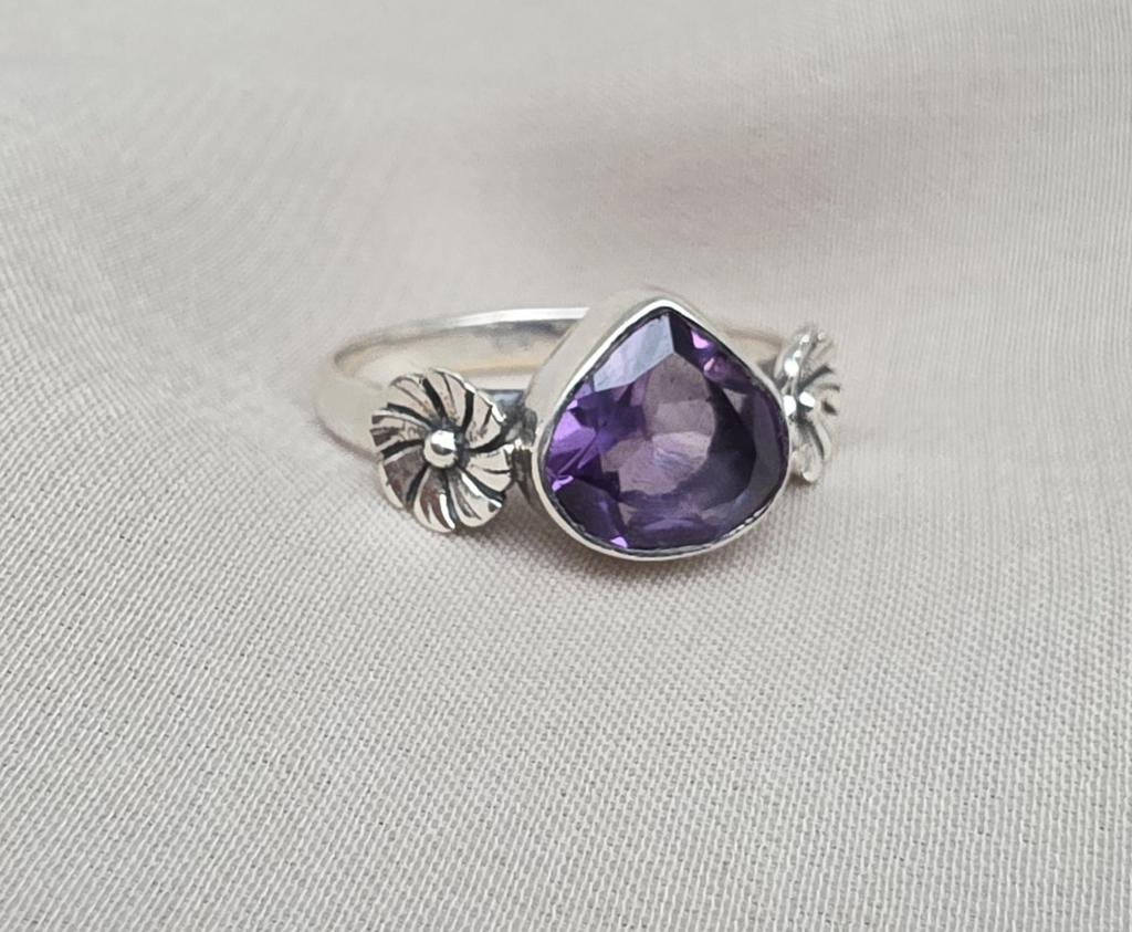 Amethyst Flower Ring, Sterling Silver Floral Boho Ring