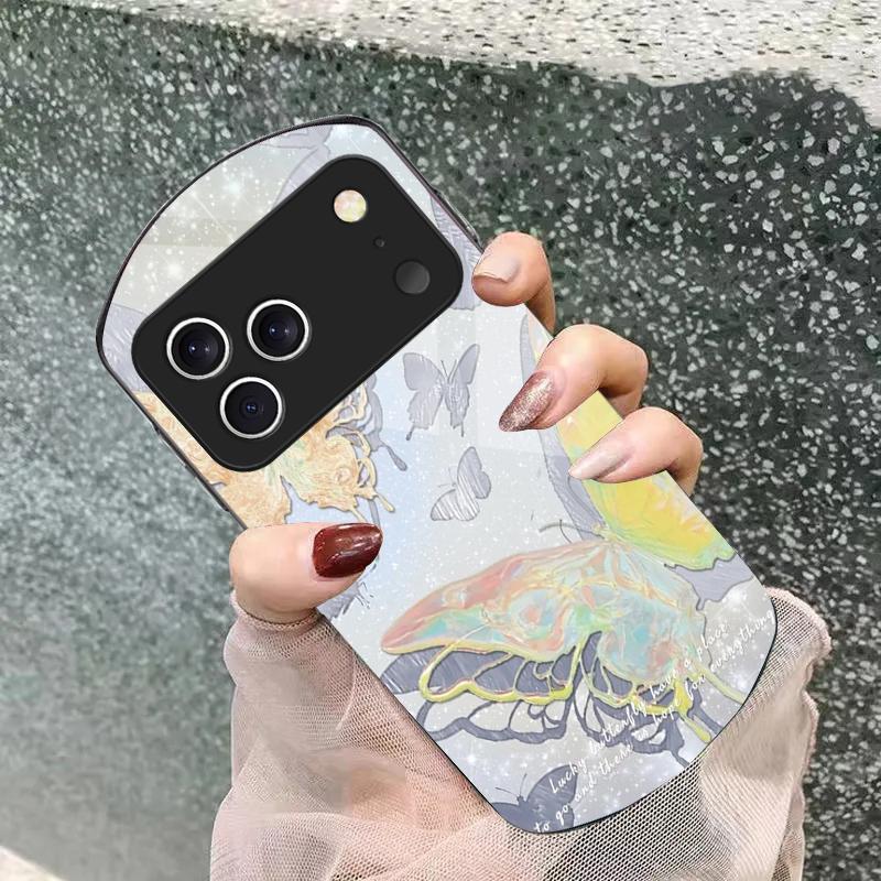 Счастливая бабочка Картина Для iPhone 17 Air 16 15 14 Pro 13 Plus 12 mini 11 Pro Max XR X 7 8 Эллиптический Закаленное Стекло Чехол для Телефона