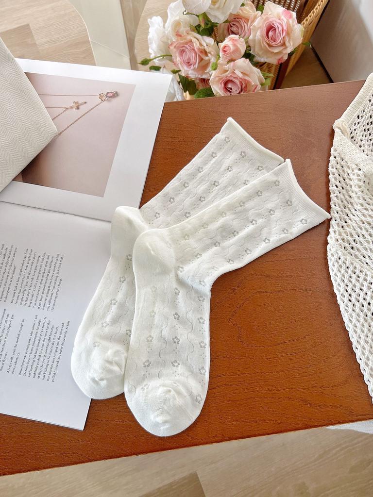 Summer Mesh Socks White Mid-Leg Socks Small Flower Polka Dot Hollow Pile Socks Breathable Stockings Wind Socks