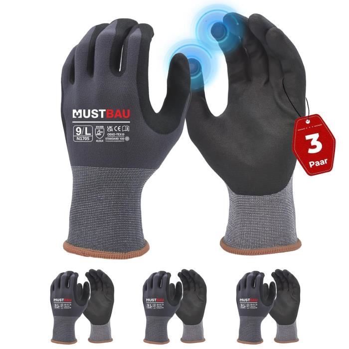 Mustbau 3 Paires Gants de Travail à Écran Tactile, Gants Nitrile Résistants à l'Abrasion, Convient pour Jardinage, Mécanique