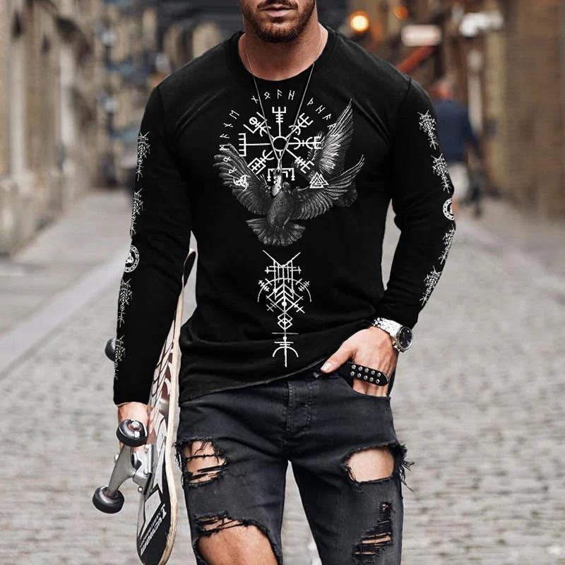 Men's Retro Viking Norse Mythology Totem 3D Printed Casual T-shirts Round Neck Fashionable Long Sleeved T-shirts