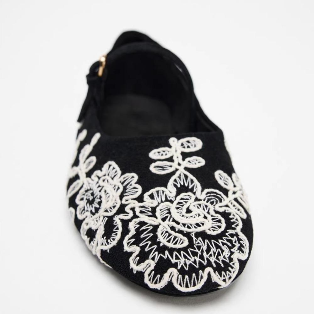 Ретро Вышитые Цветами Плоские Балетки для Женщин 2025 Весна Новые Французские Круглый Носок Одна Лямка Mary Jane Однотонные Туфли Женские