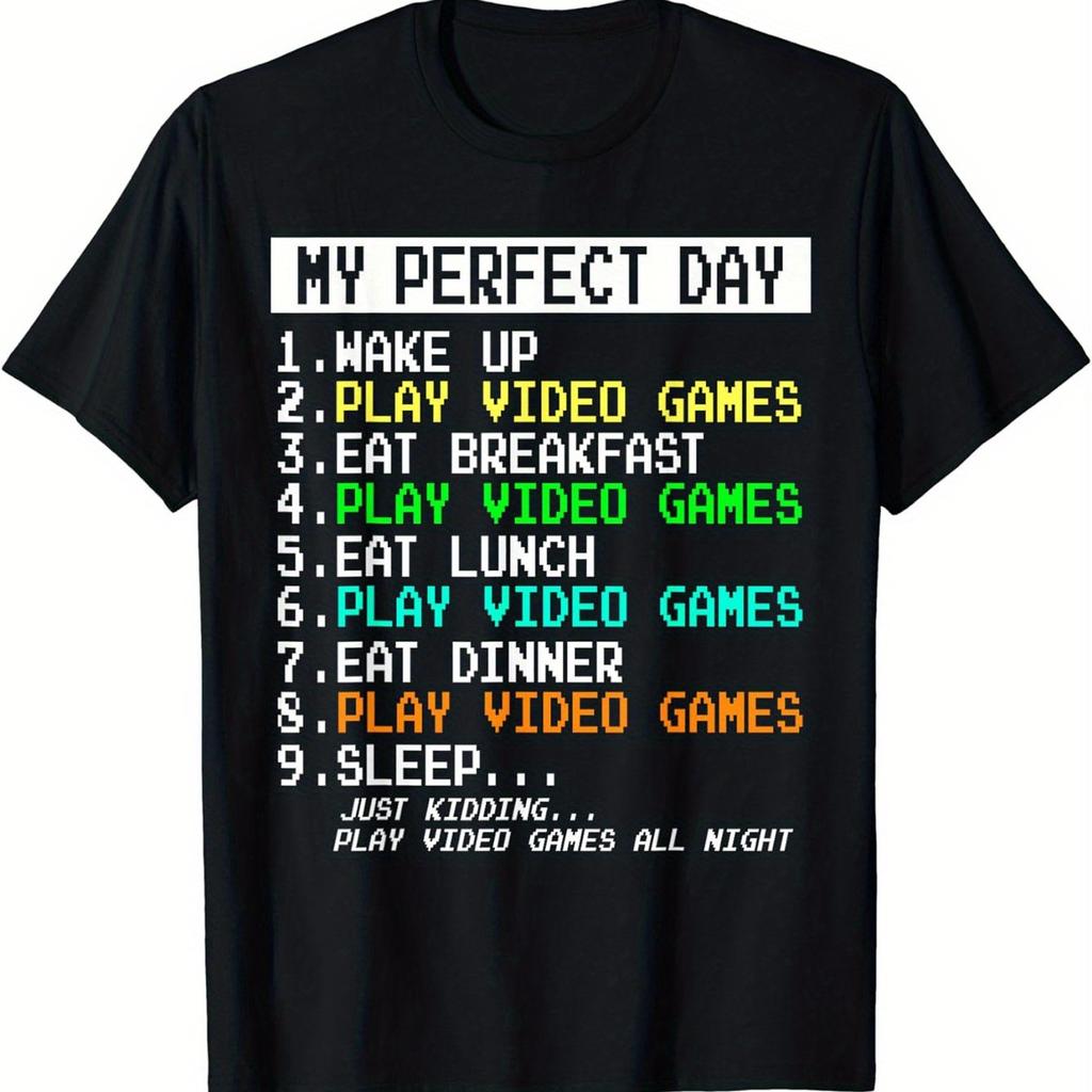 Funny Gamer Humor TShirt Retro Pixel Font My Perfect Day All Day Gaming Schedule Print Tee Video Game Fan Short Sleeve Tops