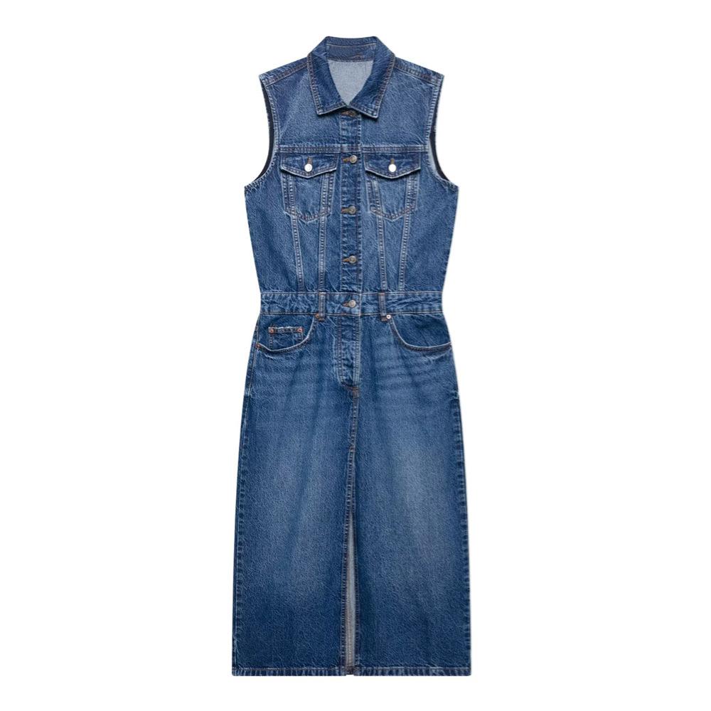2025 Spring/Summer Women's Sleeveless Slim Fit Denim Dress with Turn-Down Collar