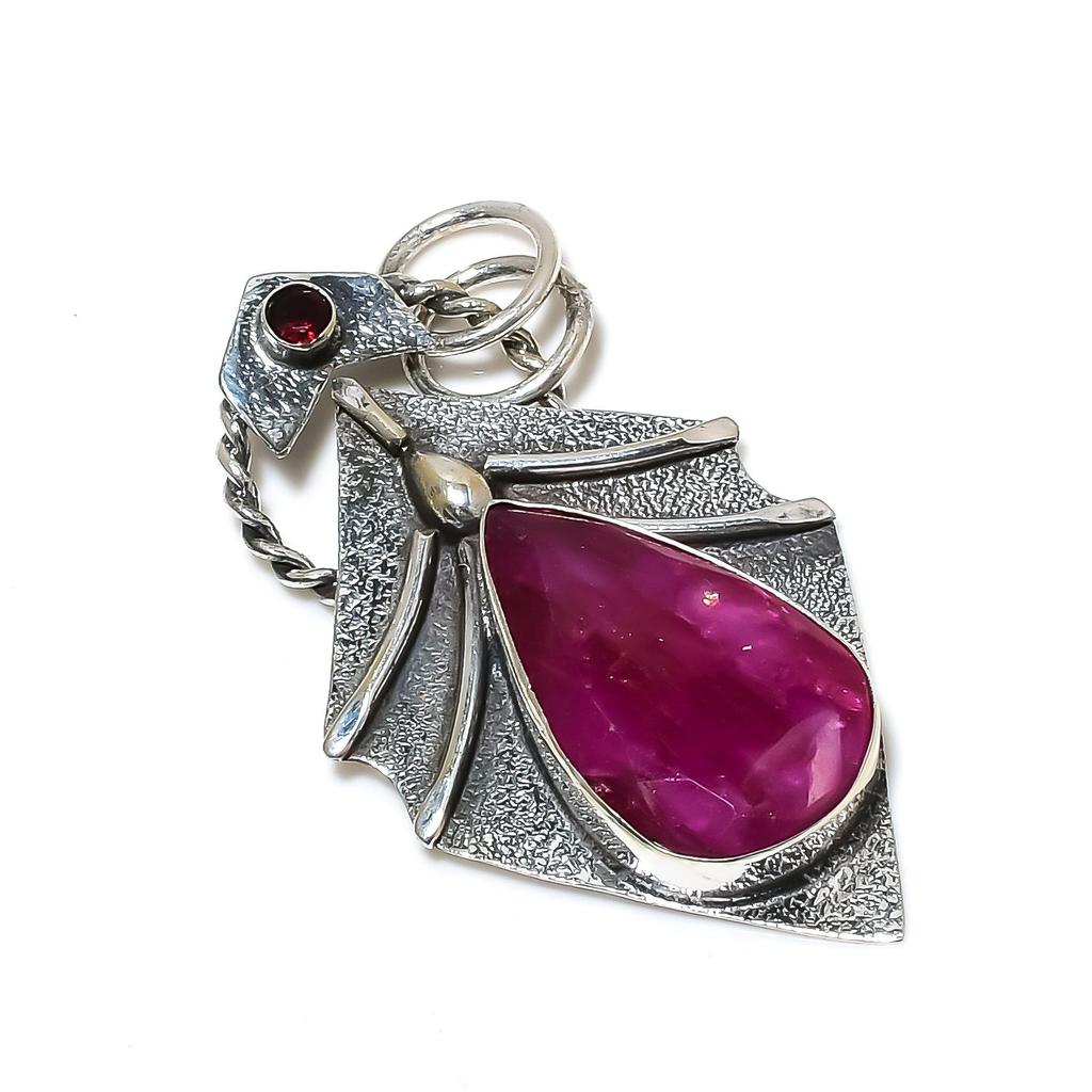 Kashmir Ruby Gemstone Silver Pendant In 925 Sterling Silver- Handmade Design, Everyday Wear Jewelry, Unique Red Garnet Pendant Gifts