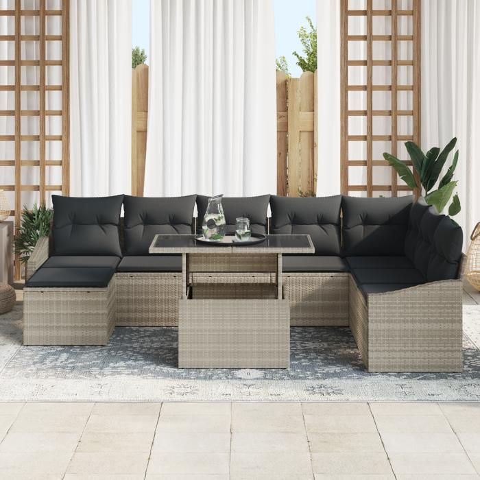 VidaXL Ensemble de canapé de jardin de 9 pièces avec coussins gris clair en rattan synthétique 3357795