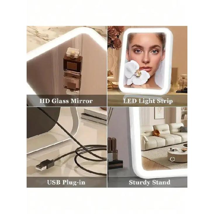 LED Makeup Mirror, 3-Color Light, 360° Rotatable, Touch Control, USB Powered, Tabletop Vanity Mirror for Bedroom Bathroom Travel