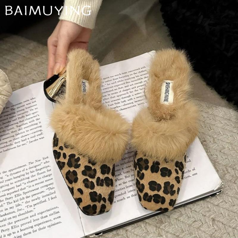 Меховые женские хлопковые тапочки с квадратным носком, короткие, плюшевые, модные туфли на высоком каблуке, мюли, тренд 2025 года, зимние сексуальные туфли-лодочки Femme Chaussures